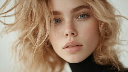 Naklejka premium Close-up portrait of young woman with soft fluffy blonde hair and natural makeup on white background showcasing healthy hair and skin care concept.
