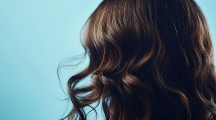 Fototapeta premium Brunette woman with long curly hair showcasing a beautiful hairstyle against a serene blue background highlighting haircare beauty concept in studio setting