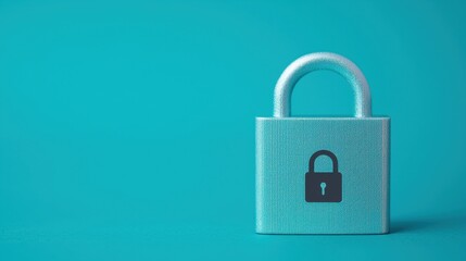 Fototapeta premium A vibrant turquoise padlock with a keyhole symbol, representing security, protection, and digital safety against a solid turquoise background.