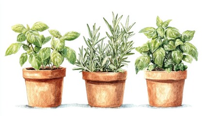 Fototapeta premium Three clay pots contain vibrant green herbs, including basil and rosemary, showcasing a fresh, natural aesthetic perfect for gardening enthusiasts.