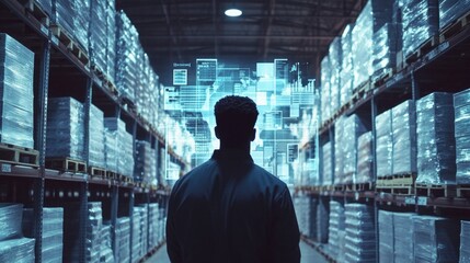 Biracial man observing digital statistics and data visualization in modern warehouse environment with stacked pallets and ambient lighting, business finance concept.