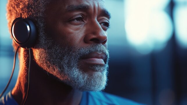 Mature African American man with gray beard wearing headphones focused on music while exercising in a bright modern gym setting