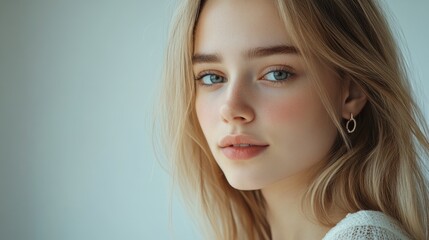 Fototapeta premium Portrait of a beautiful young woman with long blonde hair and blue eyes showcasing elegant earrings against a soft white background, emphasizing healthy skin and a gentle smile, ideal for beauty an...