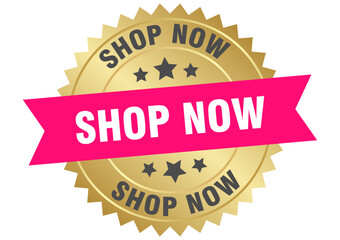 shop now. shop now round pink and gold label isolated on transparent background