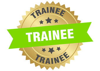 trainee. trainee round green and gold label isolated on transparent background