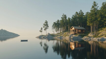 Serene Lakeside Cabin Surrounded by Lush Green Pine Trees