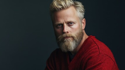 Fototapeta premium Studio portrait of 30-year-old blond bearded man wearing vibrant red fleece shirt with textured fabric against a dark grey backdrop capturing a confident expression