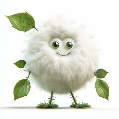 cotton plant monster with soft fluffy fibers, leafy arms, and a gentle smile, isolated on white