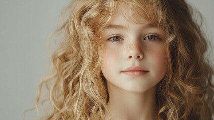 Naklejka premium Youthful Blonde Girl with Healthy Long Curly Hair and Freckles Posing Against a Soft Gray Background in Natural Light