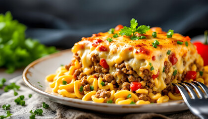 Delicious meat casserole with minced meat, tomato, bechamel sauce and cheese isolated on white background. free space for text.