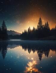 Fototapeta premium night starry sky reflected in a forest lake beautiful night photo