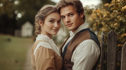 Fototapeta premium Young couple in traditional Austrian attire embracing at a wooden fence in a lush garden with greenery and yellow flowers during golden hour.