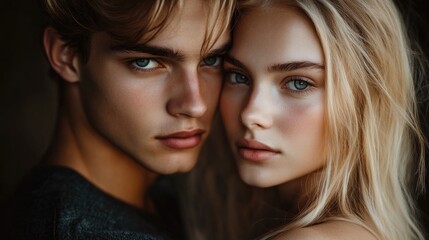 Obraz premium Dramatic portrait of a young couple with striking features highlighting intimacy and connection in soft lighting.
