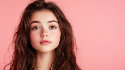 Naklejka premium Studio portrait of a 15-year-old Caucasian girl with long wavy brown hair against a soft pink background, showcasing natural beauty and youthful expression.