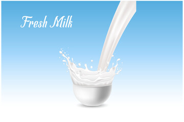 Milk splashing effect. Liquid beverage pouring down. Design element for advertising. Vector 3d realistic illustration.
