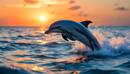 Dolphin Leaping Out Of The Water With Orange Sunset Sky Background