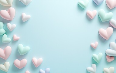 Modern mockup background with space for text decorated with floating 3D pastel-colored hearts arranged in a trendy, asymmetric design for Saint Valentines Day and 8 March International Womens Day