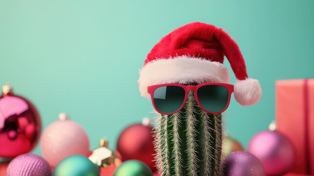 Cactus wearing a Santa hat and sunglasses among festive ornaments.