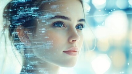 Caucasian businesswoman with blue eyes in a modern office environment surrounded by glowing digital data processing elements representing global business concepts.