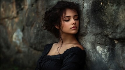Fototapeta premium Young adult woman with beautiful curly brunette hair wearing a black dress leaning against a textured stone wall exuding tranquility and relaxation