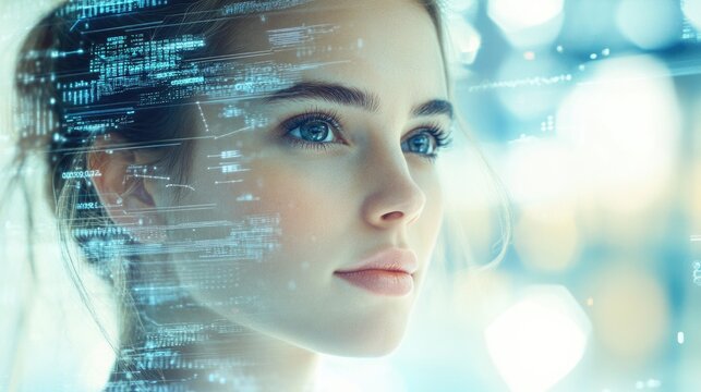 Caucasian businesswoman with blue eyes in a modern office environment surrounded by glowing digital data processing elements representing global business concepts.
