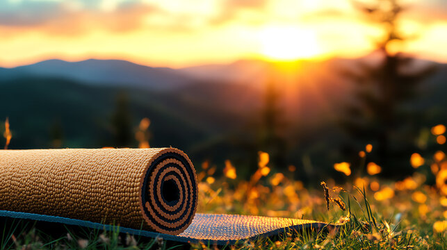 A scenic mountaintop view with a yoga mat in the foreground, symbolizing balance and wellness, wide-angle, inspiring