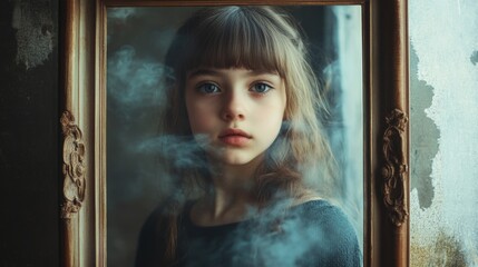 Obraz premium studio portrait of a young girl with long brown hair and blue eyes framed in an ornate golden picture frame surrounded by ethereal smoke in a moody interior setting
