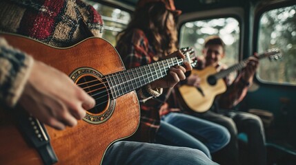 Obraz premium Friends Enjoying Music Together While Playing Guitar Inside a Mini Bus Surrounded by Nature, Creating Memories and Good Vibes in a Cozy Setting