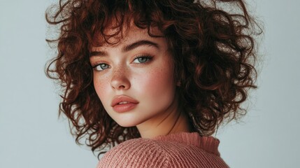 Captivating portrait of a young woman with curly auburn hair and freckles wearing a pink sweater against a soft neutral background, exuding natural beauty and confidence.
