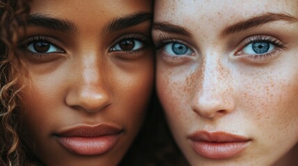 Close-up Portrait of Two Women with Freckles and Curly Hair Displaying Diverse Skin Tones, Brown and Fair Skin, Creative Facial Expressions