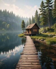 Obraz premium Forest path leading to a rustic wooden cabin on the shore of a calm lake , nature, woods, calm