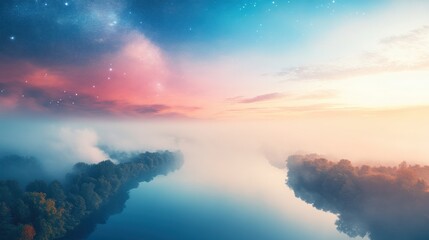 Naklejka premium Serene Morning Landscape with Mist Over Calm River and Colorful Sky