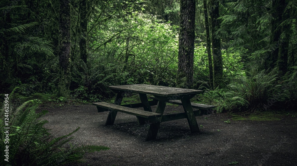 Poster surrounded by towering trees and vibrant ferns, the rustic picnic table stands silently in the fores