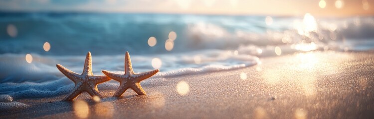 At a serene beach at sunset, vibrant starfish scatter across the soft sand as gentle waves lap the shore, creating a tranquil ambiance that soothes the soul and invites relaxation