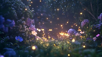 Illuminated Flowers and Fireflies in a Lush Night Garden