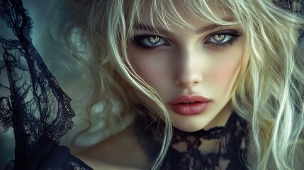 Fototapeta premium Gothic fashion portrait of an elegant blonde young woman with captivating green eyes framed by soft tousled hair, wearing intricate black lace attire.