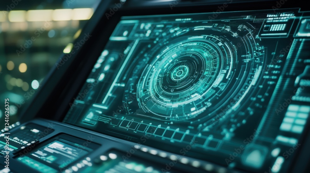 Aufkleber futuristic control panel displaying complex data visualization with holographic interface in modern 