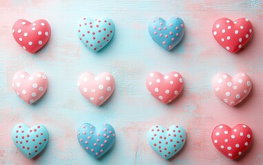 Modern mockup background with space for text featuring playful polka-dot hearts arranged in a structured modern layout for Saint Valentines Day and 8 March International Womens Day