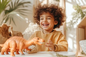 Child Smiles While Playing With a Robotic Dinosaur Toy on a White Table in a Minimalist Nursery Filled With Natural Light