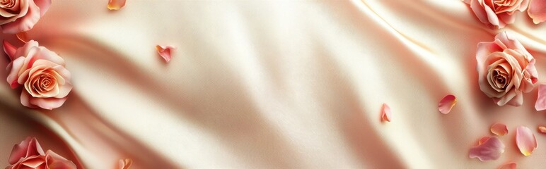 Obraz premium Luxurious mockup background with satin fabric texture, soft light reflections, and scattered roses, ideal for Saint Valentines Day and 8 March International Womens Day