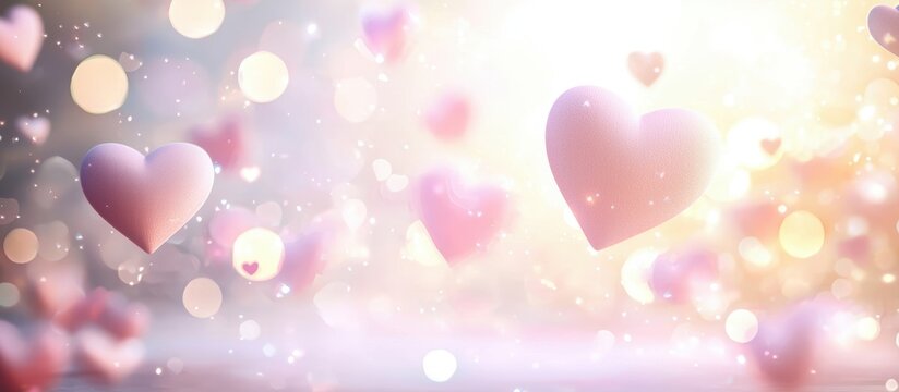 Luxury minimalist mockup background with space for text, featuring floating 3D hearts, soft bokeh lights, and a romantic pastel color scheme for Saint Valentines Day