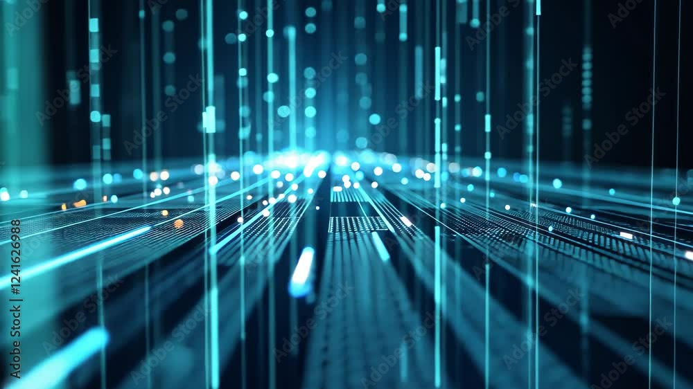 Poster abstract data system with glowing blue lines creating a dynamic landscape of technology and connecti