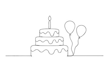 black and white birthday cake vector illustration. One-Line Drawing of a Birthday Cake with Candles and Balloons: Celebratory Doodle Concept for Special Occasions