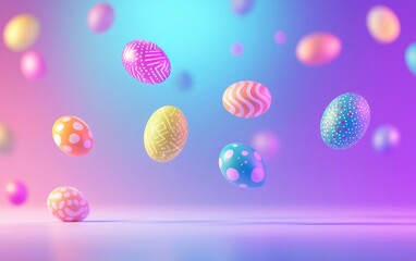 Modern mockup background with space for text featuring neon-colored Easter eggs floating over a futuristic gradient backdrop for Easter