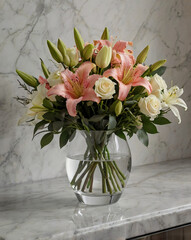 Obraz premium Beautiful bouquet of roses and lilies in a glass vase 