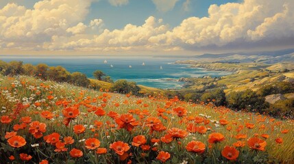 Tranquil Hillside with Vibrant Wildflowers and Distant Building Surrounded by Nature's Beauty