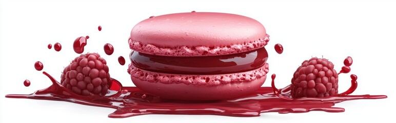 floating macaron with raspberry sauce splashes, isolated on white