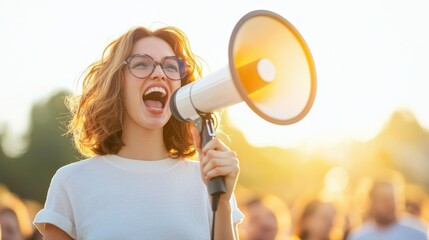 Woman with megaphone advocating during a sunny outdoor event