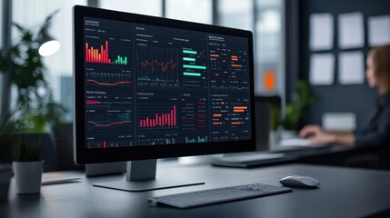 Data analysis display on a modern computer screen in an office.