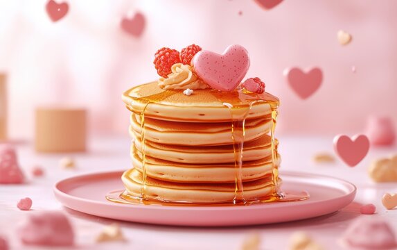 Floating stack of heart-shaped pancakes with honey drizzles and fruit bursts on a cozy pastel-themed background for Saint Valentines Day and 8 March International Womens Day